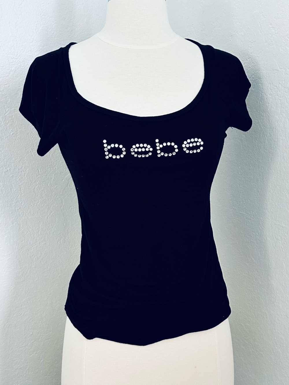 Bebe Black Scoop Neck Tee with Crystal Logo
